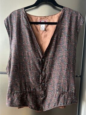 Vintage Chamarre Silk Vest Brown Patterned Button Front Size XL